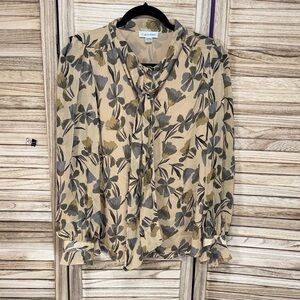 Calvin Klein Women's Bow Tie Floral Blouse Button Down Tan and Black Size PM